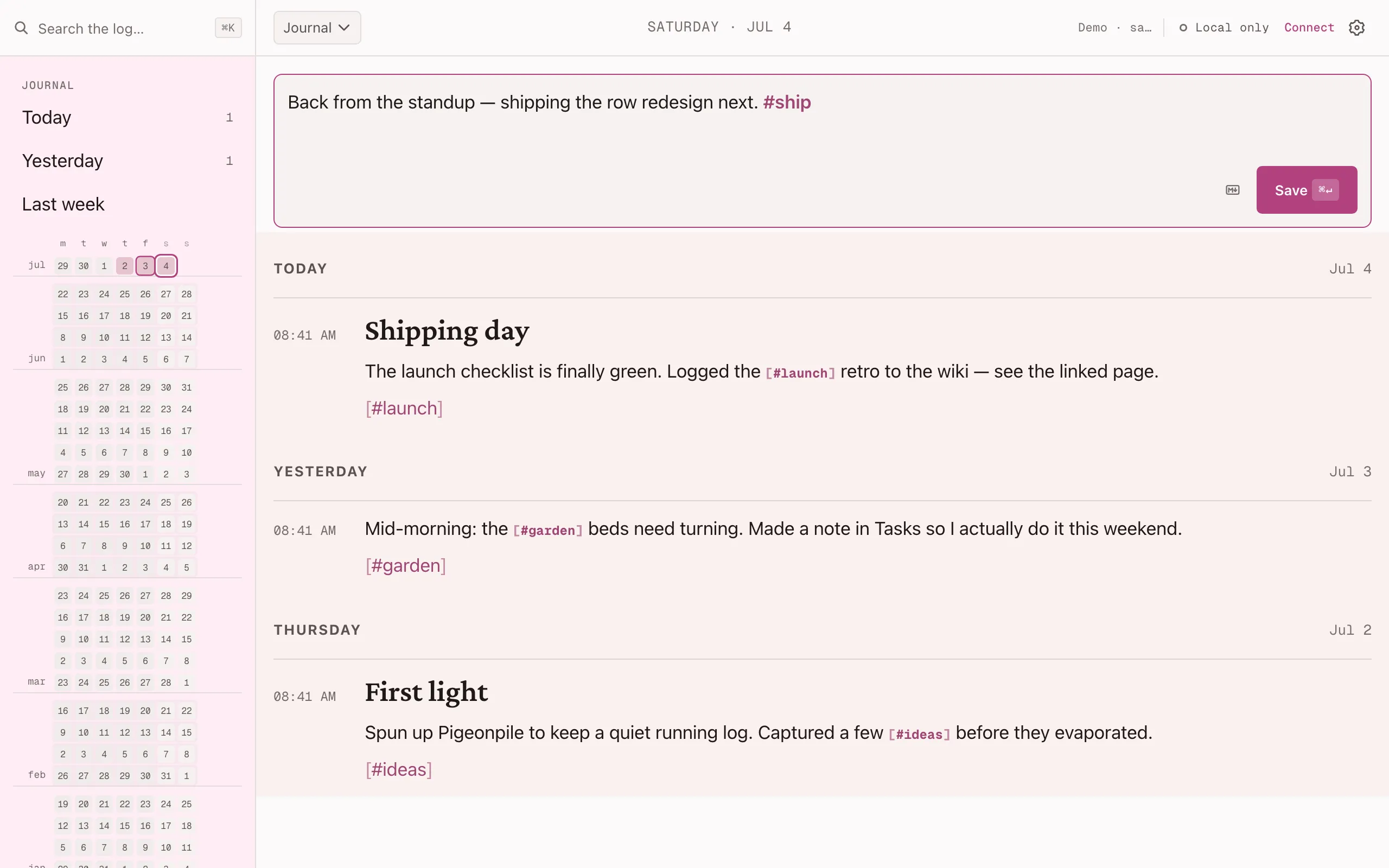 The Sosta composer holding a note with an inline #ship hashtag, above earlier entries tagged #launch, #garden and #ideas, with full-text search a keystroke away.