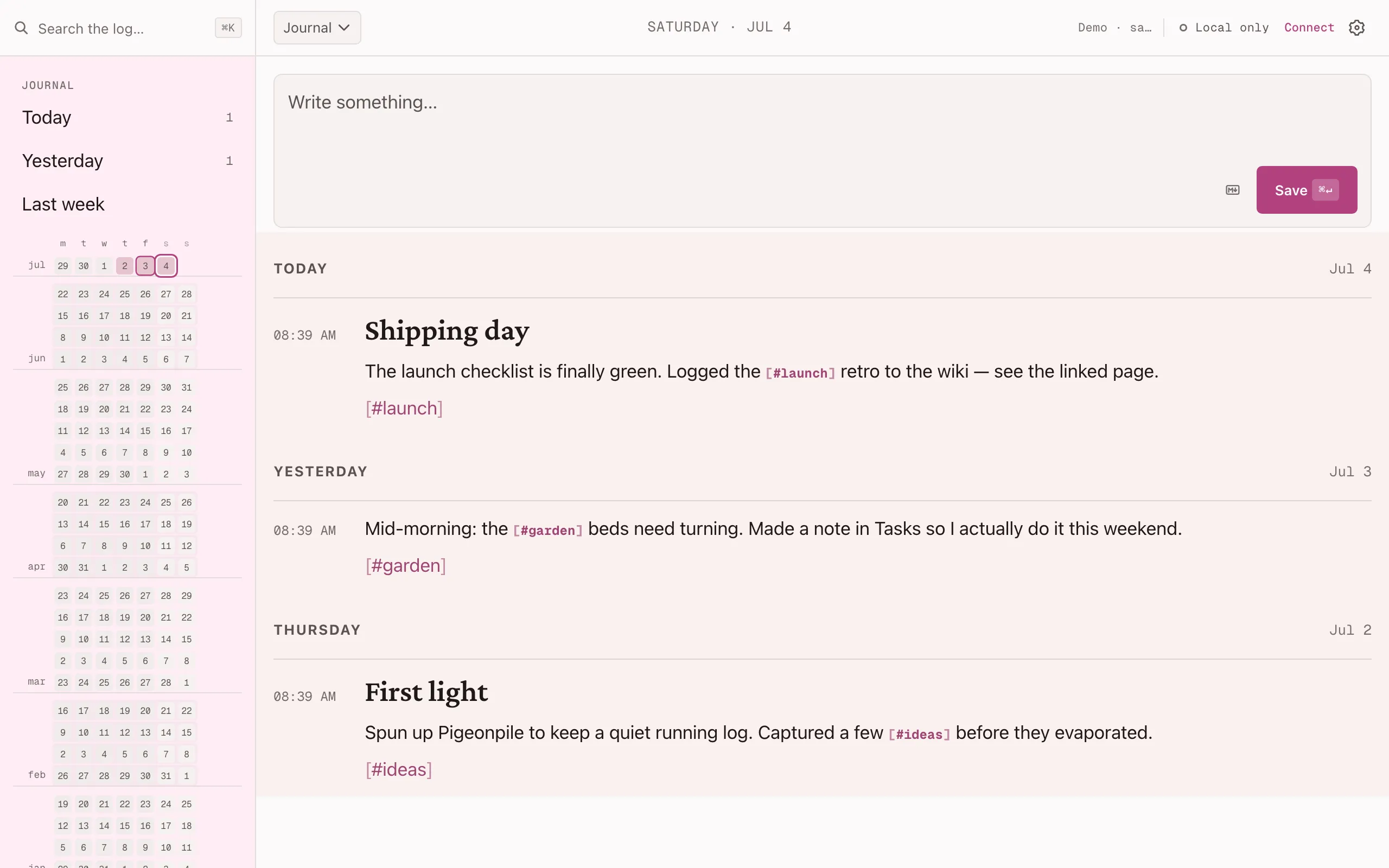 Sosta Logbook: today's entries stacked down a timestamped timeline, a composer at the top, and a calendar heatmap of past months in the sidebar.